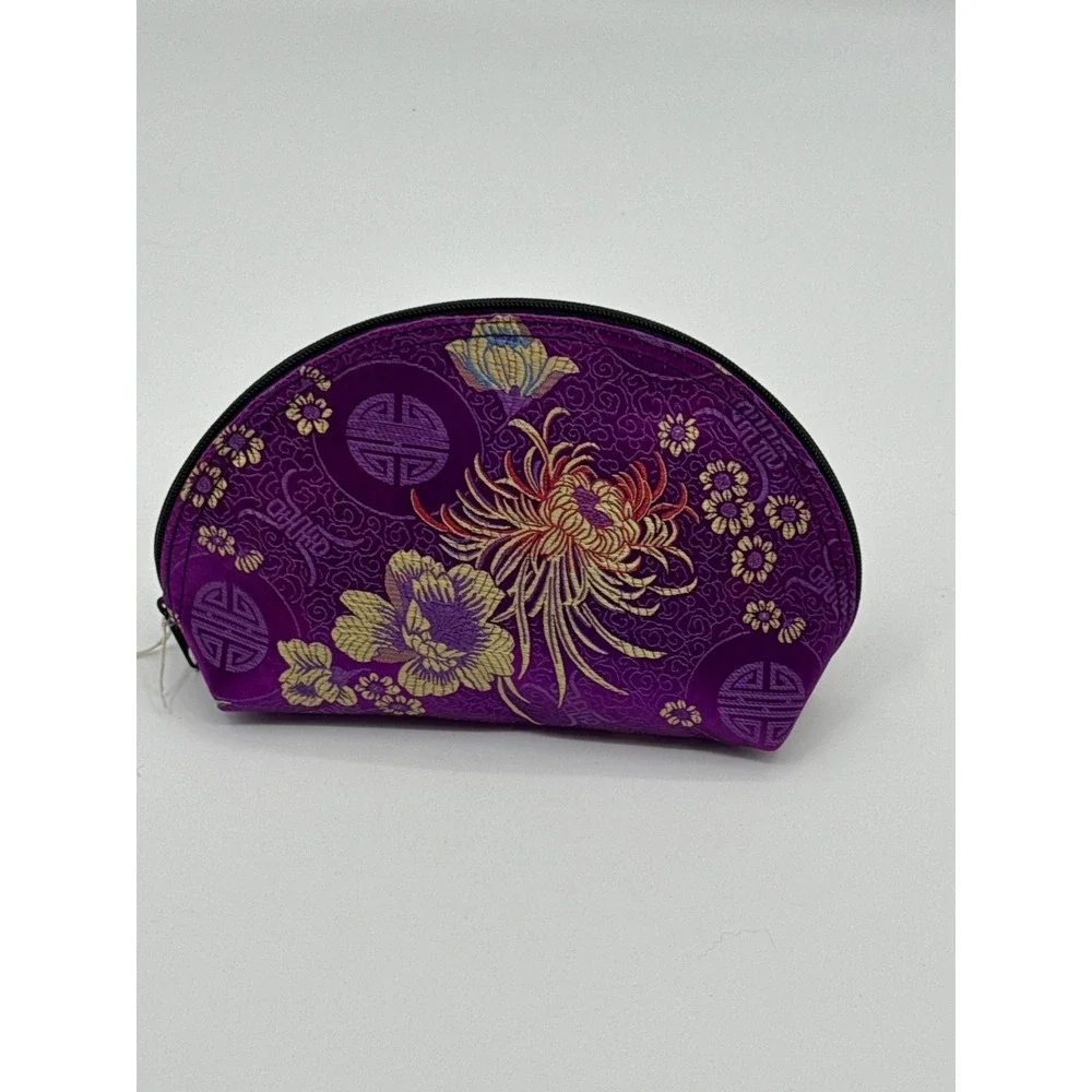 Purple Floral Brocade Makeup Bag Oriental Satin Cosmetic Pouch Made in USA NWT